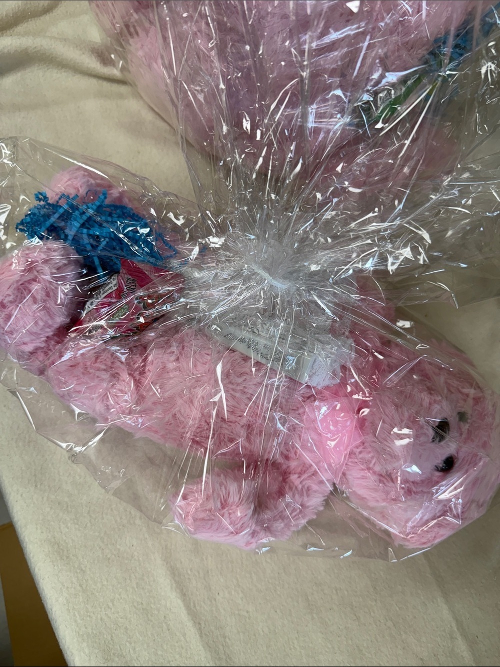 Plush Pink Teddy Bear, White Lace Fan, Blow Pop in gift bag